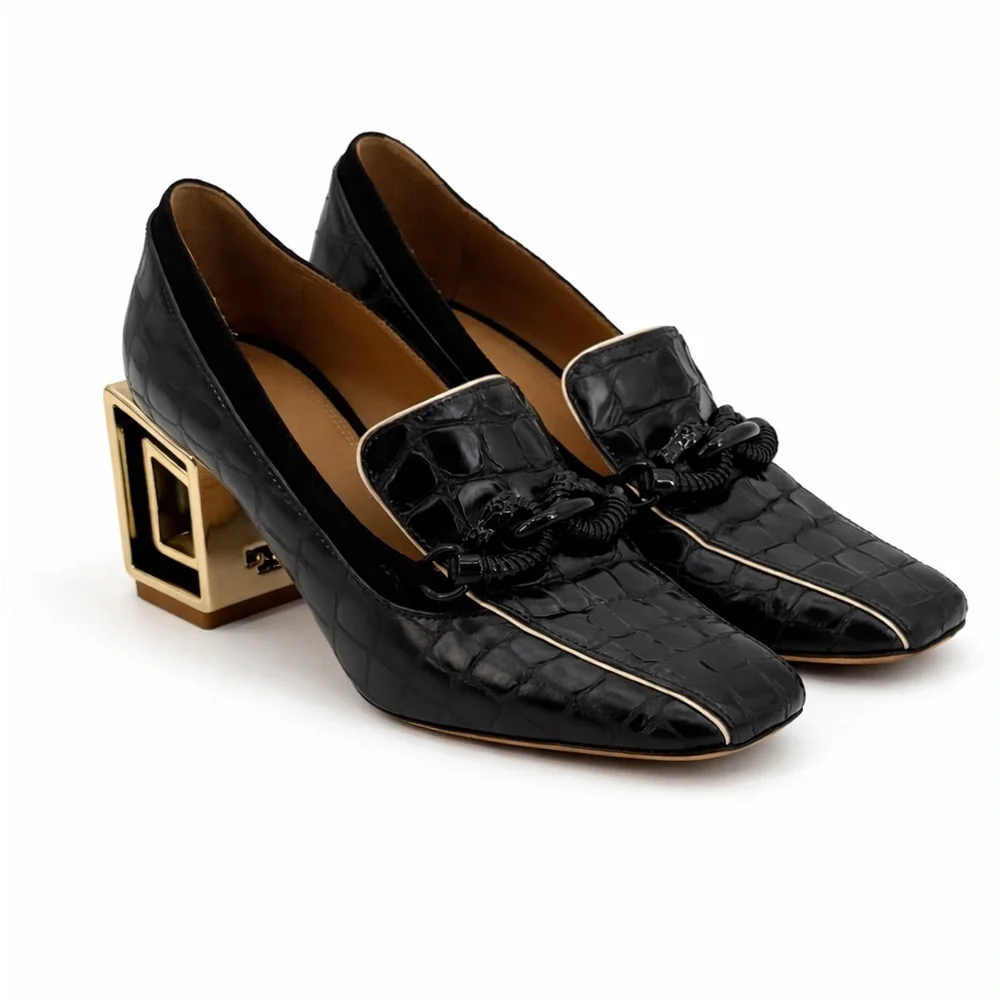 Tory Burch Jessa Black Croc Texture Square Toe Loafers Gold Architectural Heel